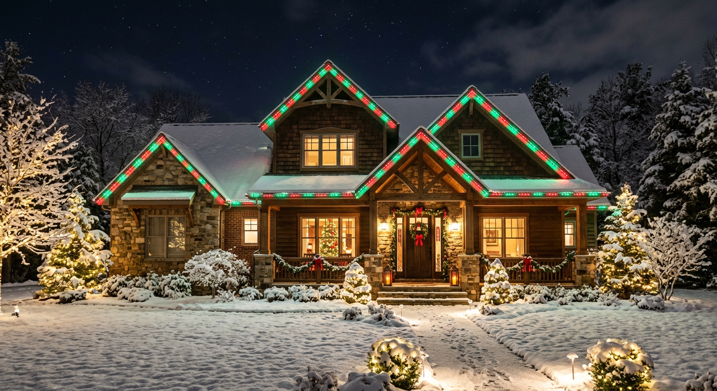Craftsman home with red and green roofline lights on a snowy night
