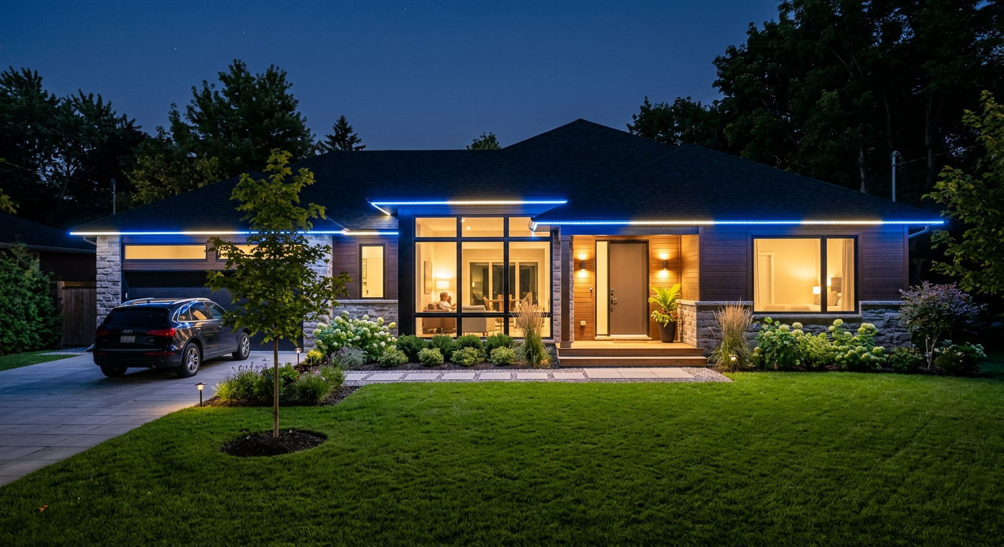 Modern bungalow with blue and white roofline lights on a summer evening