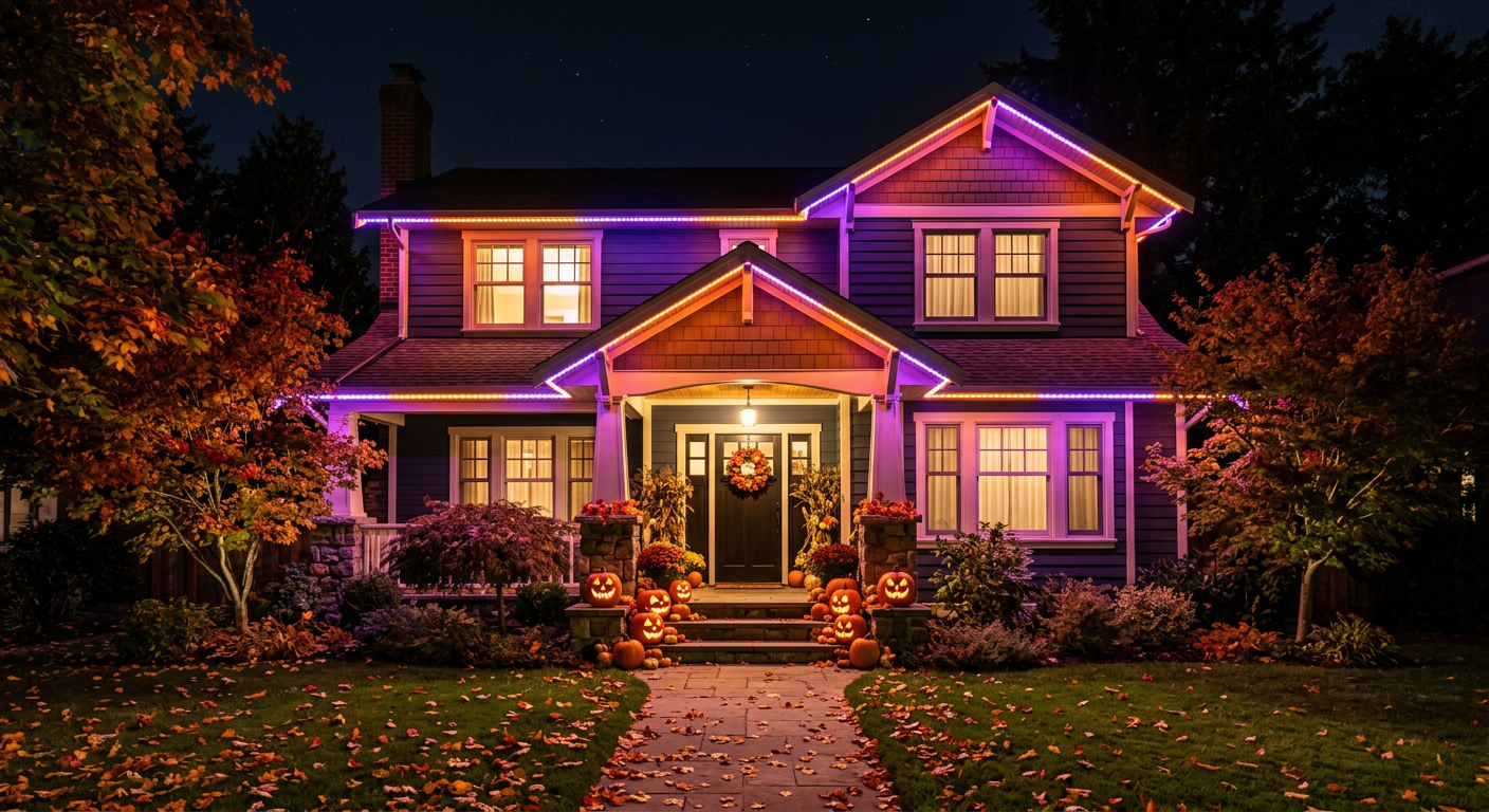 Two-storey home glowing orange and purple with pumpkins on the porch