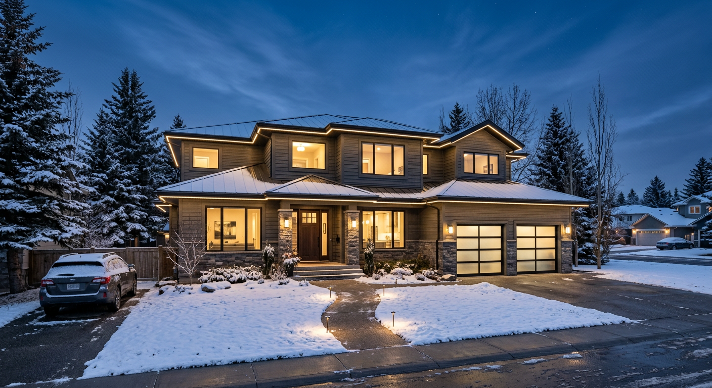 A snowy two-storey home at dusk with warm white permanent lights along the roofline
