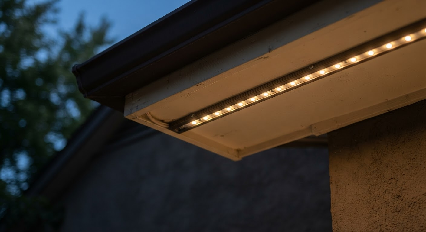 Close-up of slim aluminum light track mounted under a soffit with glowing LED nodes